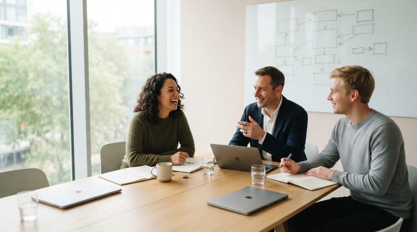 Three colleagues around a table in a bright meeting room at the end of a working session, notebooks open, a loose diagram of boxes and arrows on the whiteboard behind them.