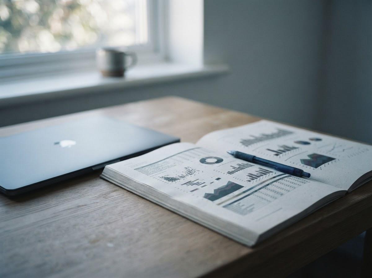 A printed report open on a wooden desk beside a closed laptop, the visible page showing bar charts and tables, with a pen resting across it.