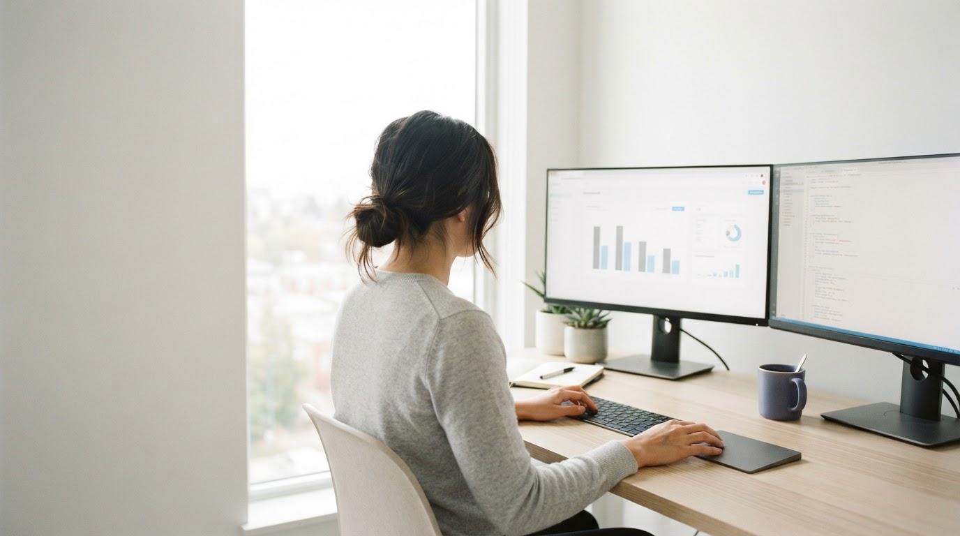 A person working at a sunlit two-monitor desk, one screen showing a plain bar-chart dashboard and the other showing code, seen from behind.