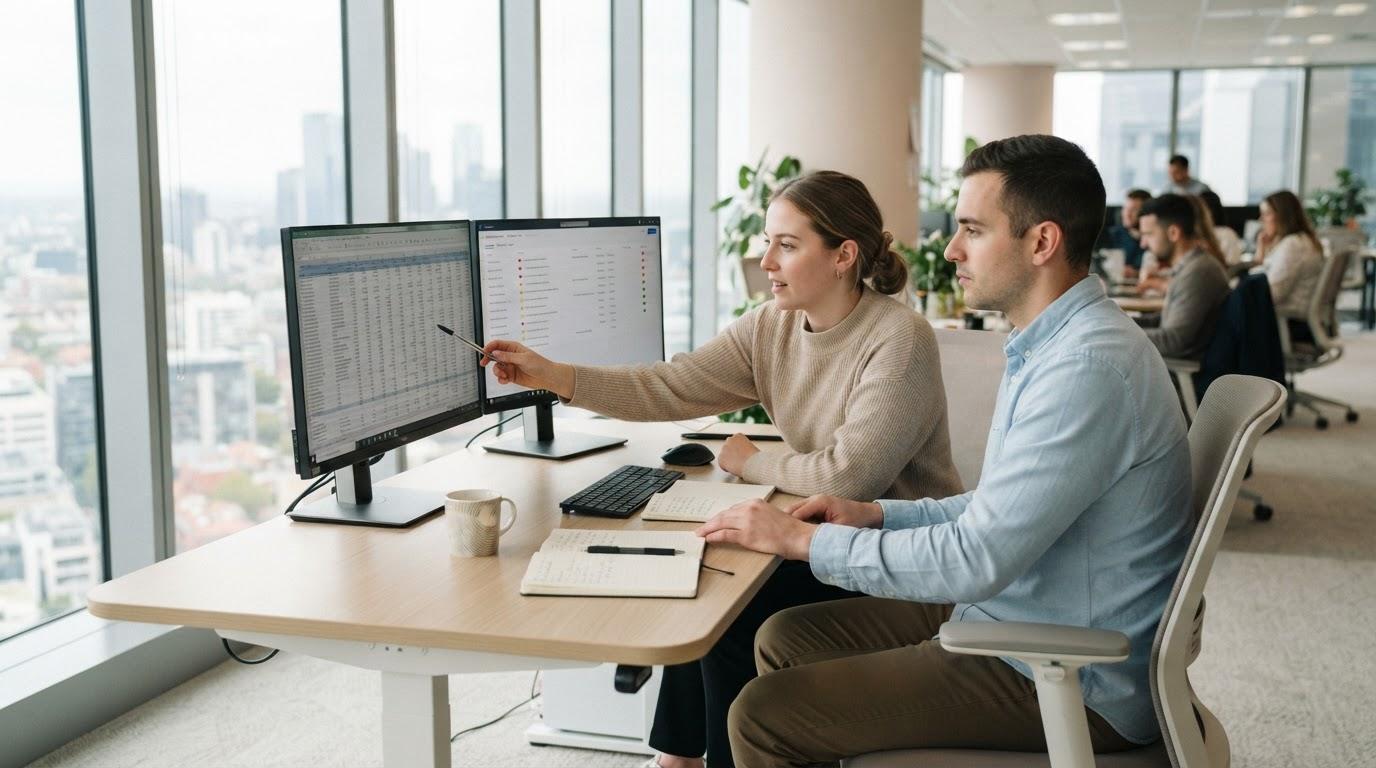 Two analysts at a two-monitor desk in a bright daylit office, one pointing at a dense reconciliation table while the second screen lists flagged exception items.