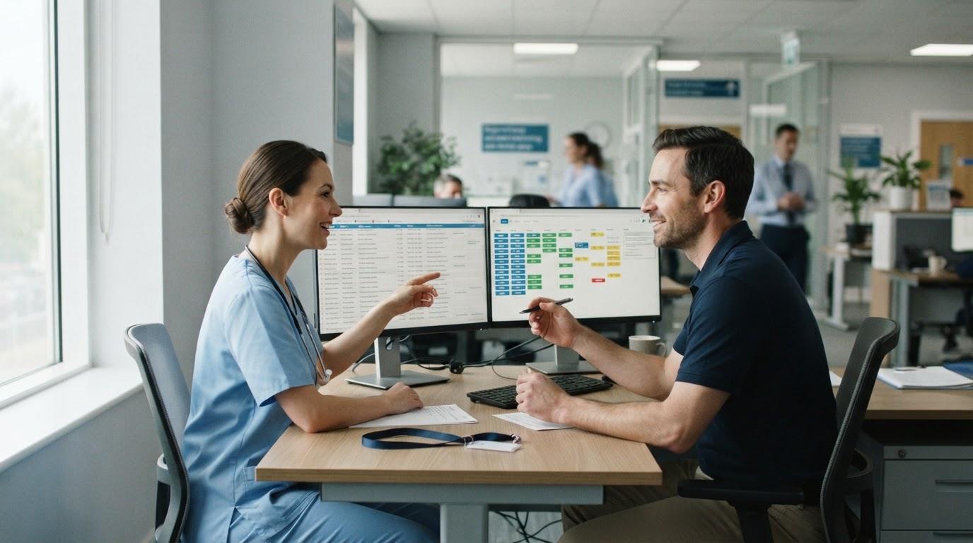 A clinician and an operations analyst side by side at a two-monitor workstation in a bright hospital office, one screen showing a patient scheduling queue and the other a status board of small coloured chips.