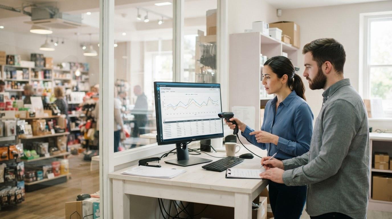 A retail operations manager and a colleague standing at a back-office desk beside the shop floor, reviewing a demand forecast chart above a stock table on a monitor, a barcode scanner in hand.