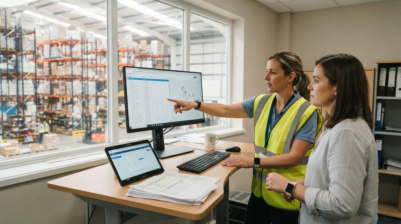 Two colleagues at a standing desk in a bright warehouse office overlooking tall racking, one pointing at a monitor showing a reorder list beside a simple route map view, printed picking sheets and a tablet on the desk.
