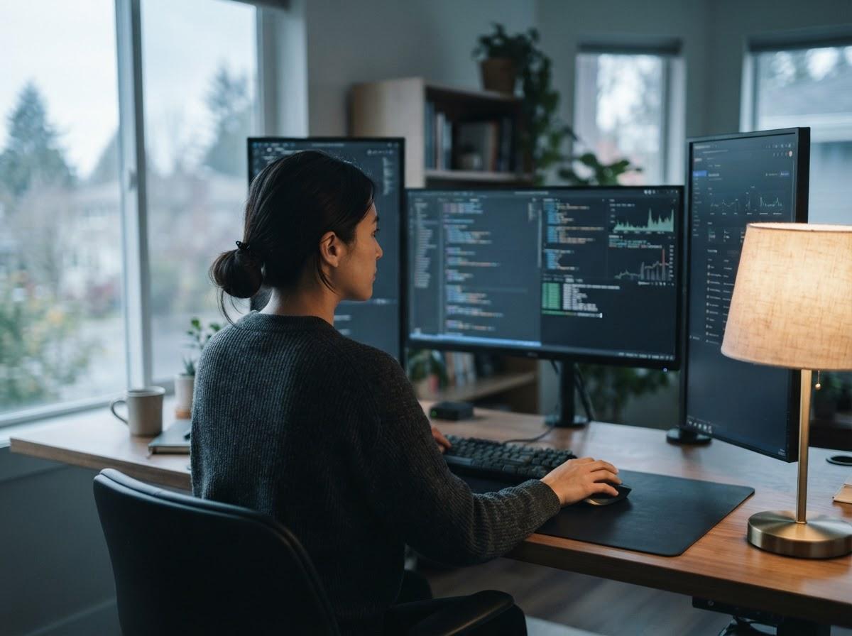 An engineer working at a three-monitor desk beside a window, with code on the centre screen and dashboards on the right, and a lamp lit at the end of the desk.