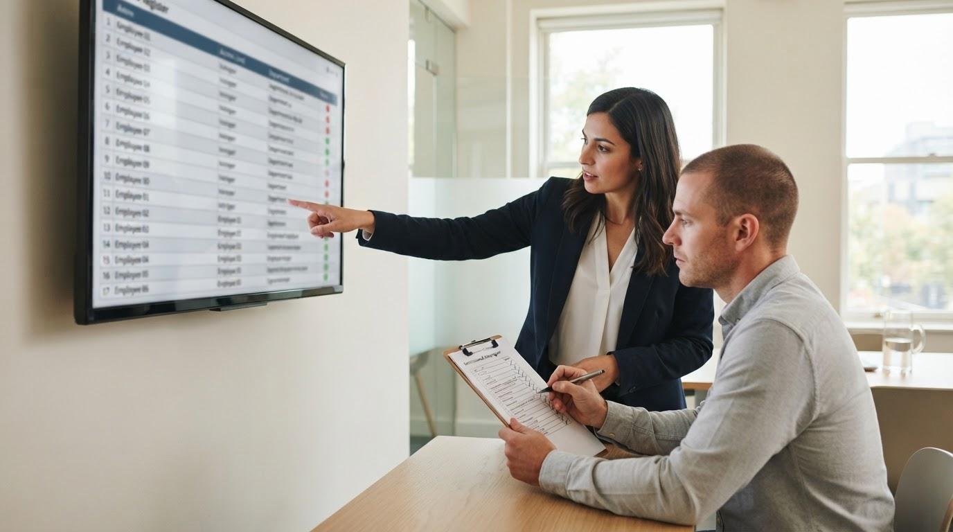 Two colleagues reviewing a numbered access register on a wall-mounted monitor in a bright meeting room, rows of named entries with status indicators, one pointing at a row while the other annotates a printed checklist.