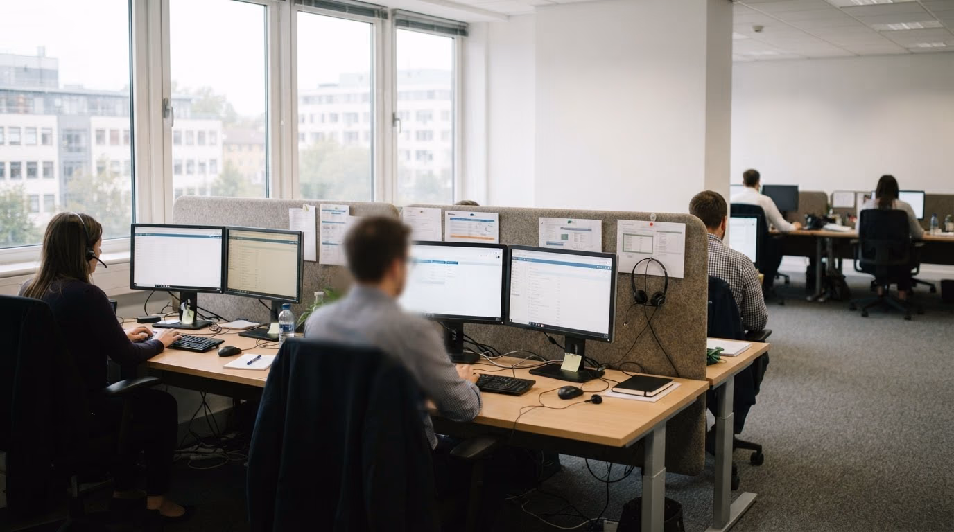 A small service operations floor in daylight, with queue and case lists on screen, headsets on the desks and printed reference sheets pinned to a low partition.