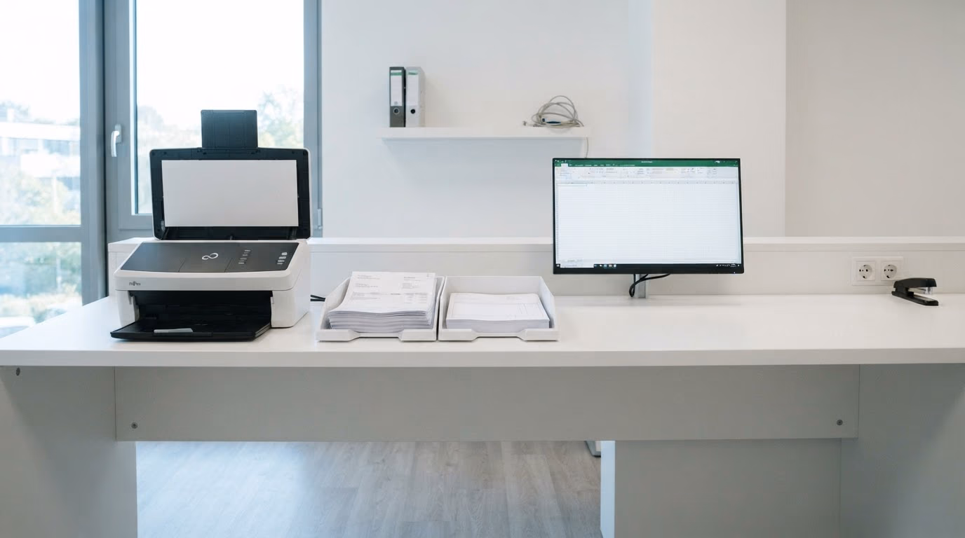 A clean modern back-office document station in daylight, with a flatbed scanner, two trays of printed invoices and forms, and a monitor showing a plain table of rows.