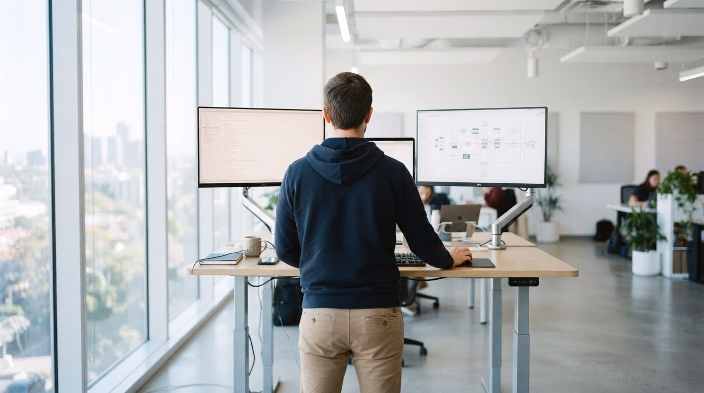 An engineer working at a standing desk beside a window, one monitor showing infrastructure configuration in an editor and the other an architecture diagram of boxes and connectors.