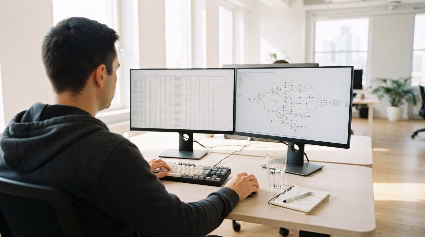 An engineer at a two-monitor desk in a bright office, one screen showing a dense grid of query results and the other a branching pipeline graph.