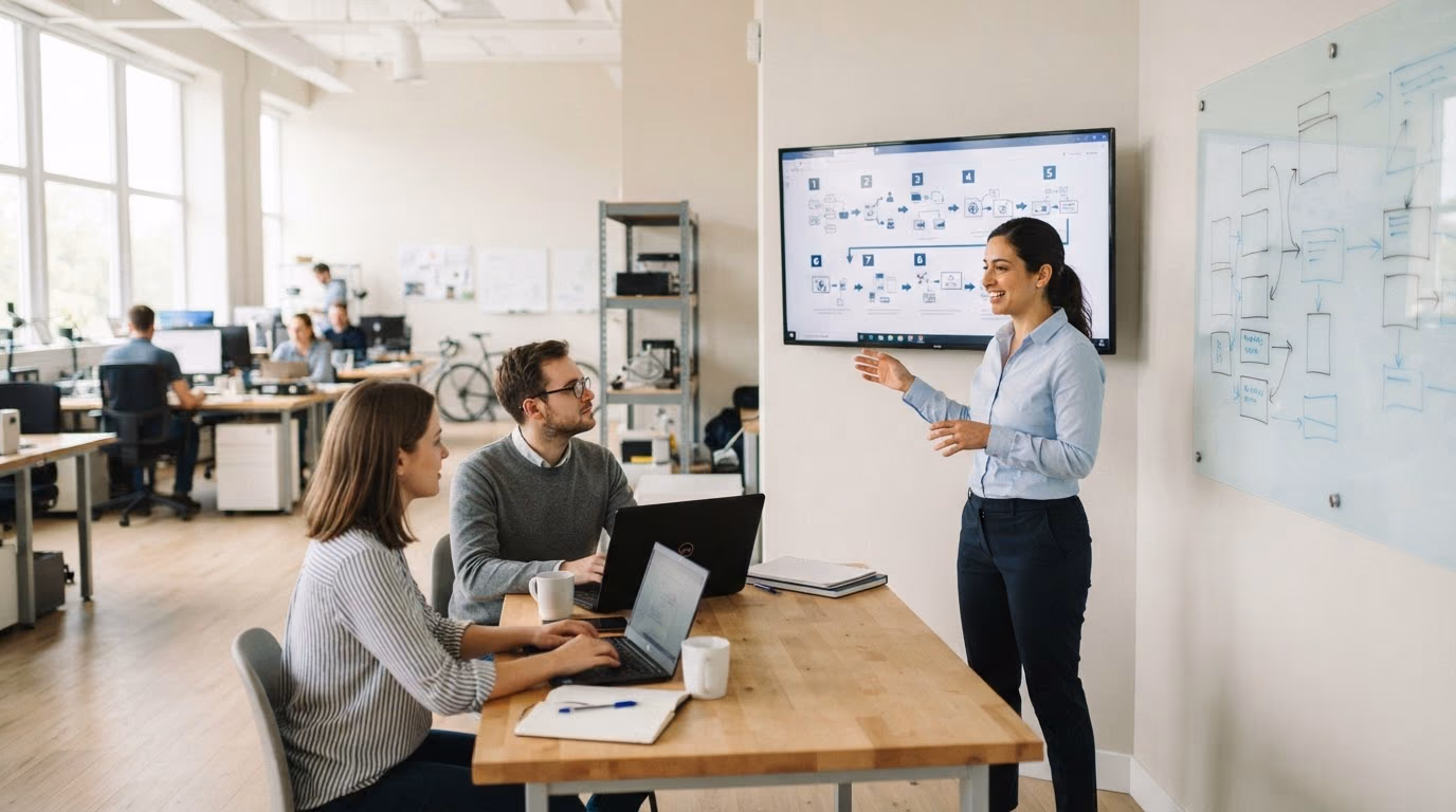 An engineer standing beside a large monitor in a bright open-plan office explaining a numbered step-by-step operational document to two seated colleagues taking notes on laptops, a whiteboard diagram of plain boxes and arrows to one side.
