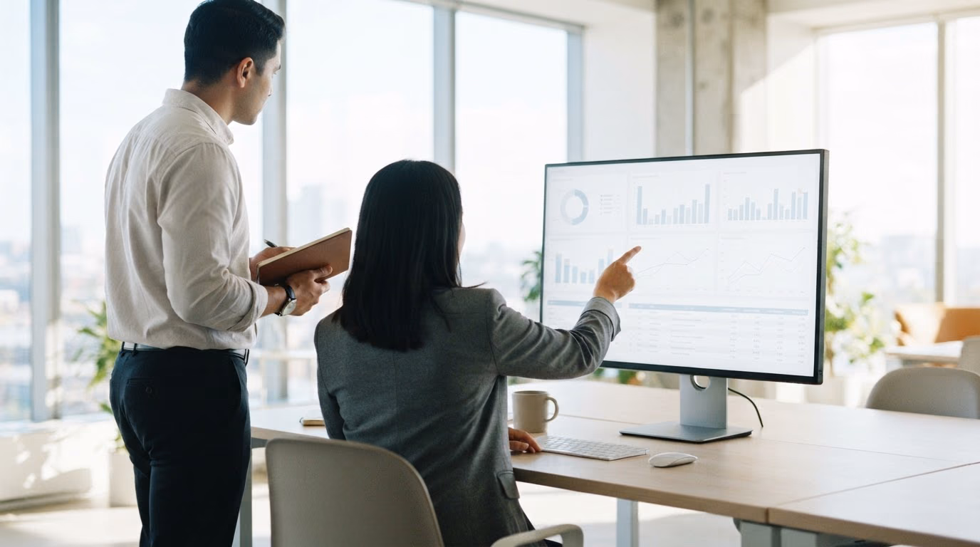 Two colleagues in a bright meeting room reviewing a cloud cost dashboard on a large monitor, one seated and pointing at a usage chart, the other standing with an open notebook.