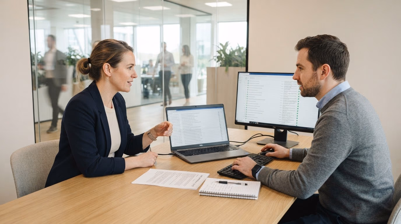 A compliance lead and an engineer at a table in a bright meeting room, a laptop showing a timestamped audit log and a monitor showing a checklist of controls with tick indicators.
