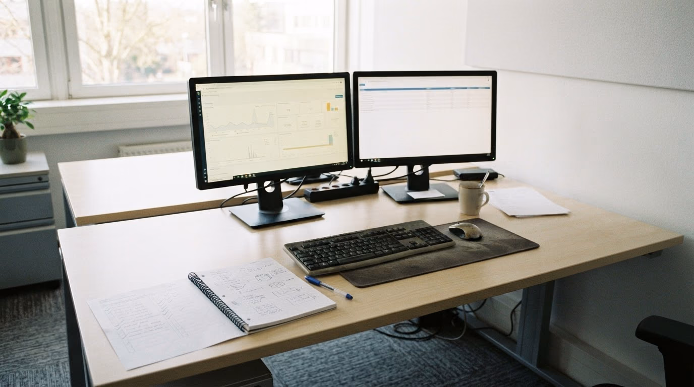 An ordinary two-monitor operations desk in morning daylight, one screen showing a monitoring dashboard and the other a plain table of rows, with an open notebook of hand-drawn diagrams beside the keyboard.