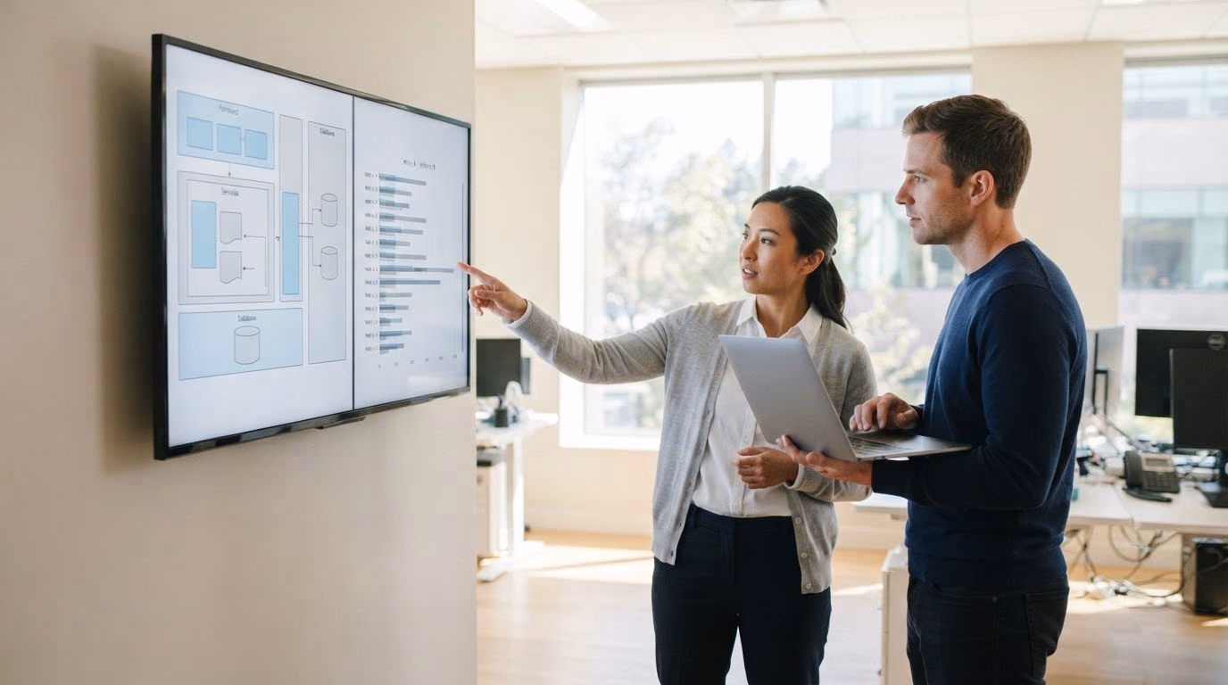 Two engineers at a large wall-mounted monitor in a bright office, the screen split between a grouped architecture diagram and a paired bar comparison, one of them pointing at a bar.