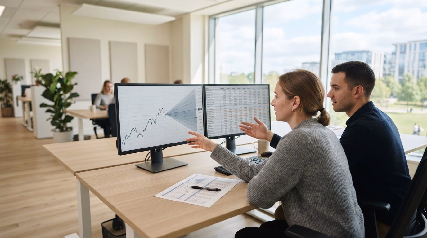 Two colleagues at a two-monitor desk in a bright daylit office, one screen showing a history line continuing into a shaded band of projected values, the other a dense table of weekly figures by product line.